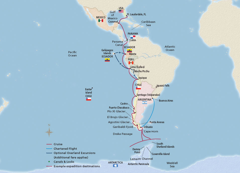 Map of NEW! Antarctic Explorer & The Americas itinerary