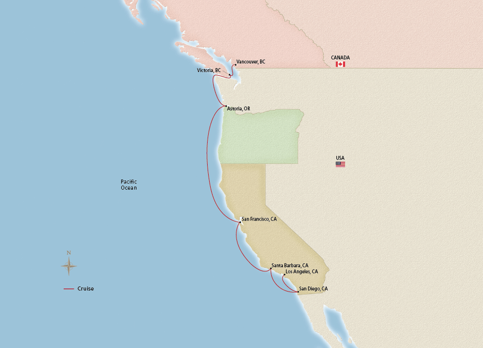 Map of Pacific Coast Explorer itinerary